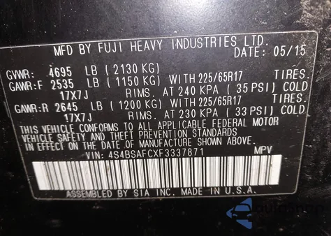 2015 Subaru Outback 2.5I Premium из США, поврежденный, VIN 4S4BSAFCXF3337871